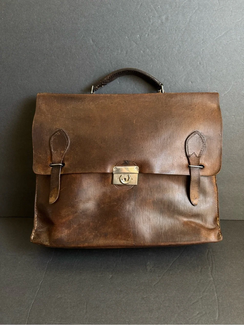 Vintage 1940s Briefcase French Attaché Case Dark Brown Ribbed Distressed Leather